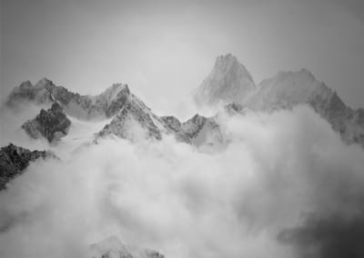 Black & White photo of Switzerland mountains in the fog
